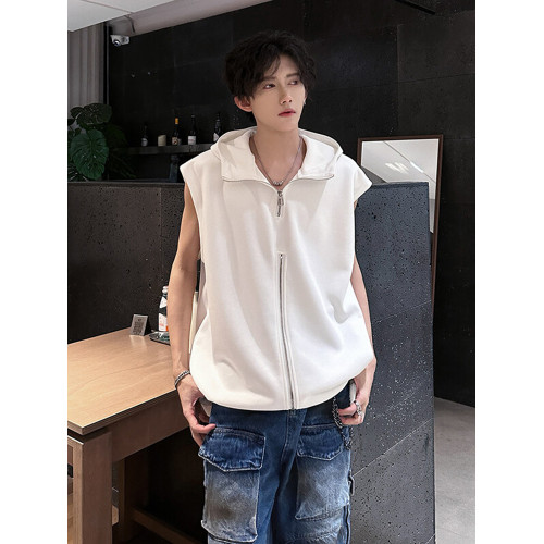半拉鍊背心男款夏季潮牌美式高街vibe設計感寬松連帽坎肩無袖t恤
