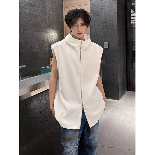 半拉鍊背心男款夏季潮牌美式高街vibe設計感寬松連帽坎肩無袖t恤