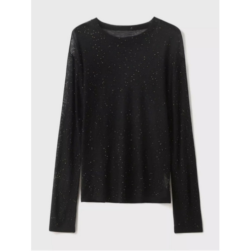 軟糯舒適~極簡裸穿感珠片紗100%羊毛針織衫女輕薄寬松百搭打底衫