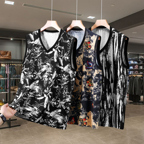 大碼背心男夏季薄款潮流胖子帥氣V領坎肩肥佬寬松無袖t恤加肥加大