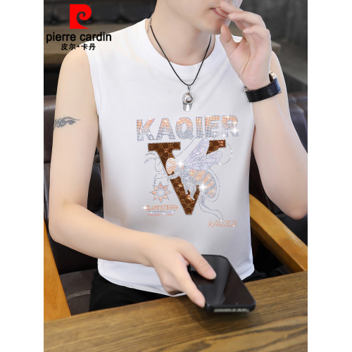 皮爾卡丹歐貨潮牌燙鑽男士背心寬松休閒夏裝坎肩痞帥無袖T恤男裝