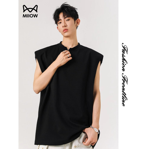 貓人設計感背心坎肩男2025夏季新款寬松金屬無袖T恤潮牌百搭墊肩