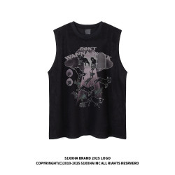 51嘻哈美式復古小羊印花麂皮絨無袖T恤男女夏季寬松百搭坎肩背心