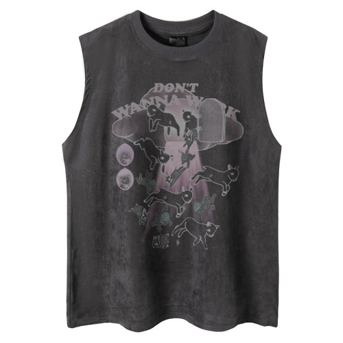 51嘻哈美式復古小羊印花麂皮絨無袖T恤男女夏季寬松百搭坎肩背心