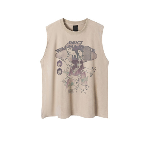 51嘻哈美式復古小羊印花麂皮絨無袖T恤男女夏季寬松百搭坎肩背心