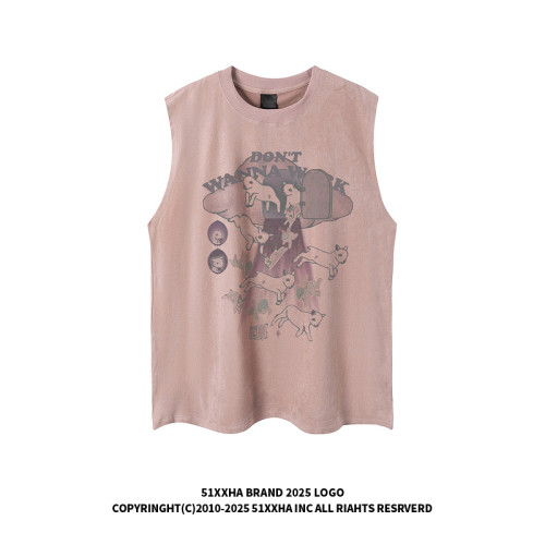 51嘻哈美式復古小羊印花麂皮絨無袖T恤男女夏季寬松百搭坎肩背心