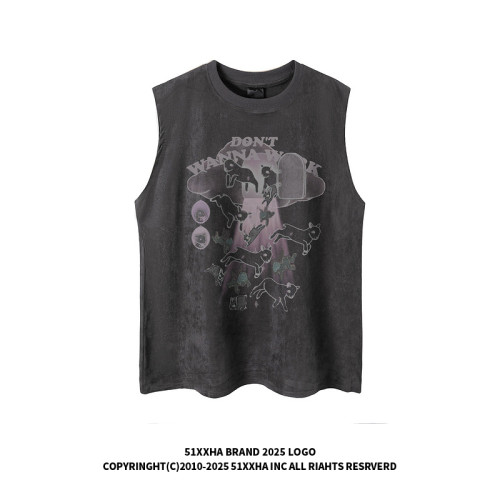 51嘻哈美式復古小羊印花麂皮絨無袖T恤男女夏季寬松百搭坎肩背心