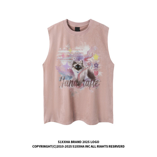 51嘻哈美式復古小貓印花麂皮絨坎肩背心男女夏季寬松情侶無袖T恤