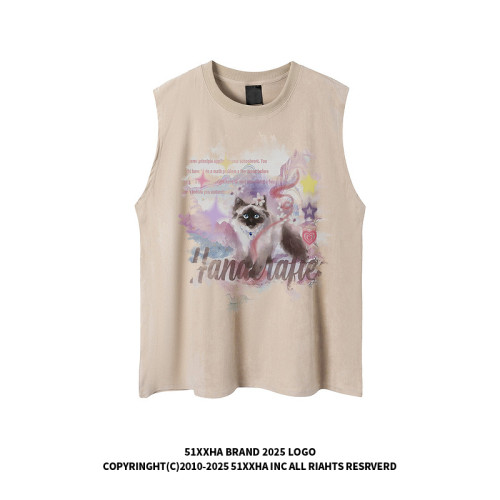 51嘻哈美式復古小貓印花麂皮絨坎肩背心男女夏季寬松情侶無袖T恤