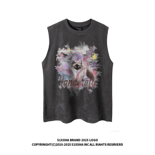 51嘻哈美式復古小貓印花麂皮絨坎肩背心男女夏季寬松情侶無袖T恤