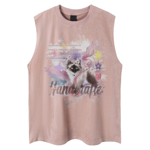 51嘻哈美式復古小貓印花麂皮絨坎肩背心男女夏季寬松情侶無袖T恤