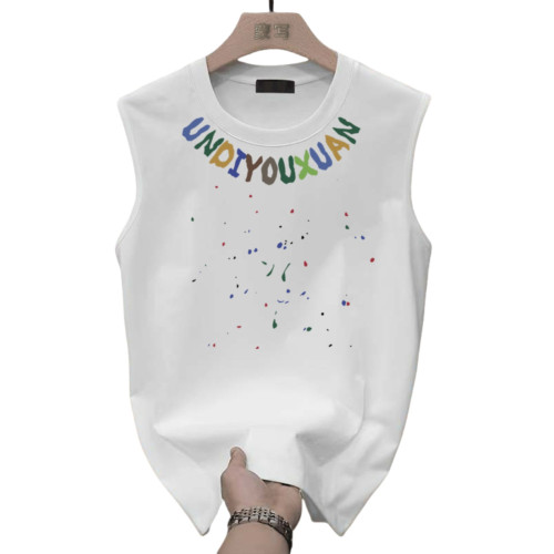 MAROLIO~優質面料！重磅純棉圓領背心男簡約印花無袖坎肩上衣外穿