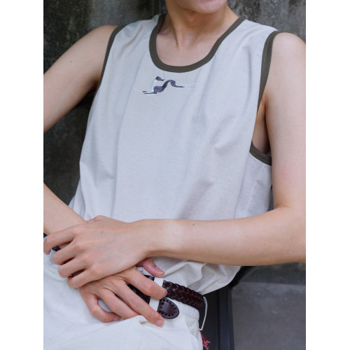 原創設計小狗復古刺綉背心男夏外穿低領打底直筒合體寬松撞色窄肩