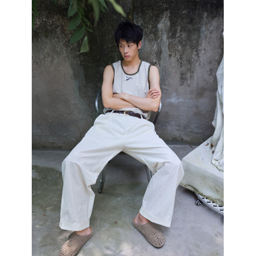 原創設計小狗復古刺綉背心男夏外穿低領打底直筒合體寬松撞色窄肩