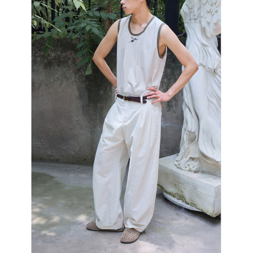 原創設計小狗復古刺綉背心男夏外穿低領打底直筒合體寬松撞色窄肩