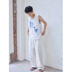 原創設計夏季薄款印花背心男白色寬松直筒趣味舔狗貓咪圖案精梳棉