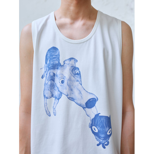 原創設計夏季薄款印花背心男白色寬松直筒趣味舔狗貓咪圖案精梳棉