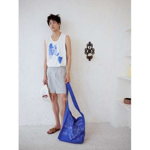 原創設計夏季薄款印花背心男白色寬松直筒趣味舔狗貓咪圖案精梳棉