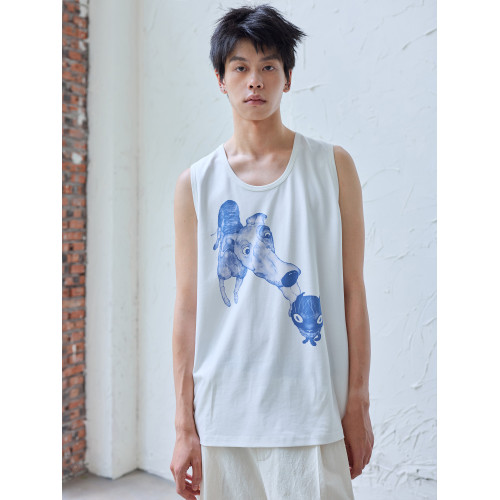 原創設計夏季薄款印花背心男白色寬松直筒趣味舔狗貓咪圖案精梳棉