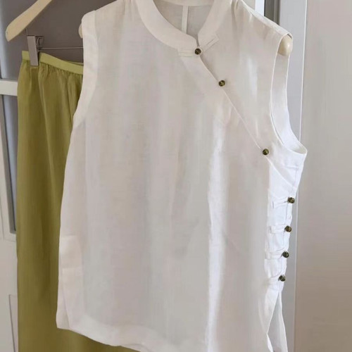 特大碼300斤新中式斜襟盤釦背心男女裝夏季國風立領寬松無袖上衣2