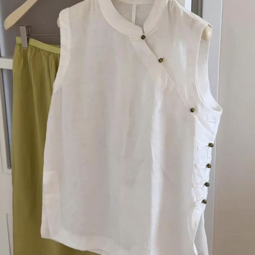 特大碼300斤新中式斜襟盤釦背心男女裝夏季國風立領寬松無袖上衣2