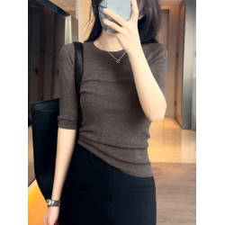 潮牌新款洋氣修身圓領套頭上衣女裝氣質五分袖簡約純色針織打底衫