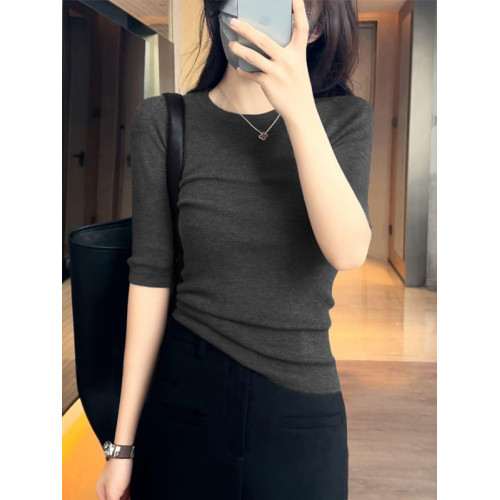 潮牌新款洋氣修身圓領套頭上衣女裝氣質五分袖簡約純色針織打底衫