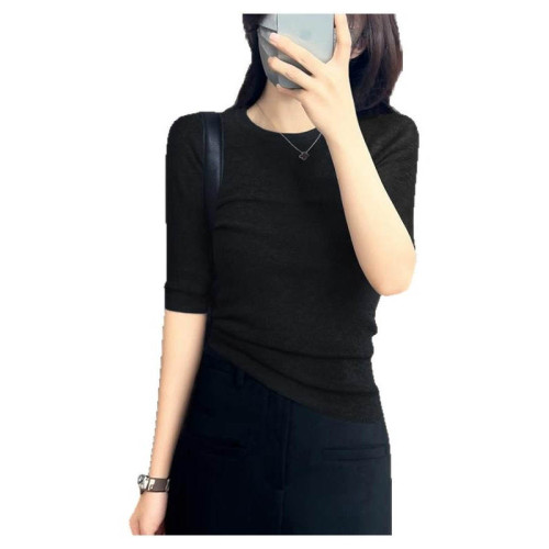 潮牌新款洋氣修身圓領套頭上衣女裝氣質五分袖簡約純色針織打底衫