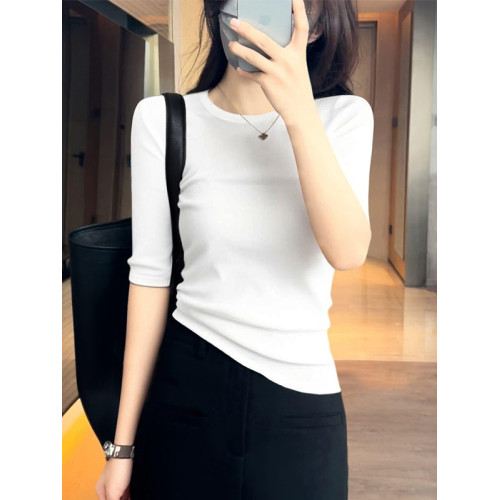 潮牌新款洋氣修身圓領套頭上衣女裝氣質五分袖簡約純色針織打底衫