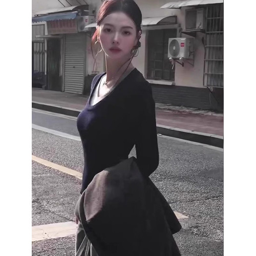 假兩件v領針織衫女春秋2025秋冬新款韓系內搭毛衣打底衫修身上衣