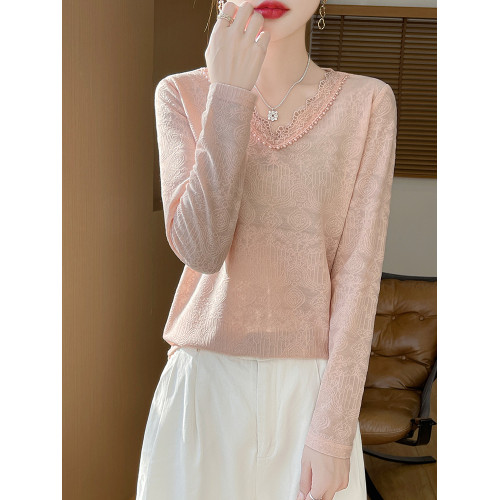 精紡羊毛高級感釘珠蕾絲拼接V領針織衫女春季內搭打底衫毛衣上衣