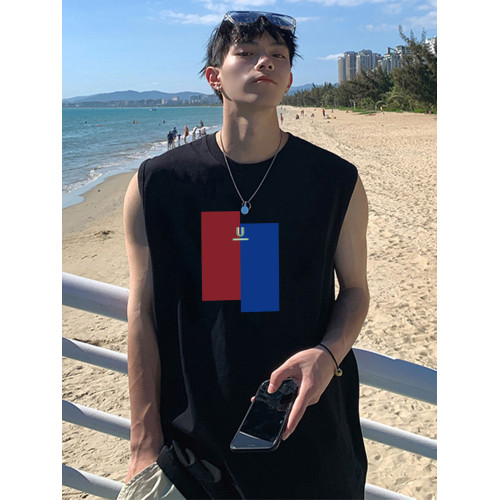 倉石一樹潮牌黑色無袖背心男生夏季新款休閒時尚潮流印花透氣上衣