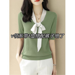 v領拼色蝴蝶結中袖針織打底衫毛衣女夏季新款寬松正肩五分袖上衣