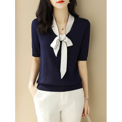 v領拼色蝴蝶結中袖針織打底衫毛衣女夏季新款寬松正肩五分袖上衣