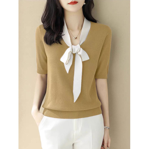 v領拼色蝴蝶結中袖針織打底衫毛衣女夏季新款寬松正肩五分袖上衣