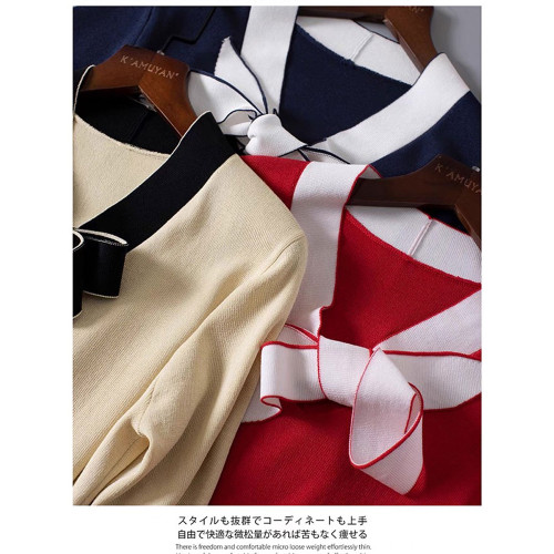 v領拼色蝴蝶結中袖針織打底衫毛衣女夏季新款寬松正肩五分袖上衣