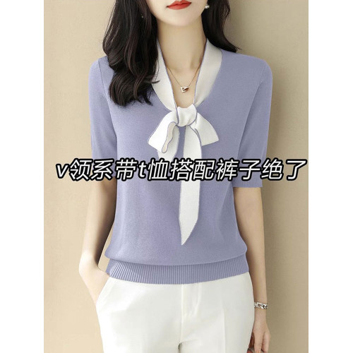 v領拼色蝴蝶結中袖針織打底衫毛衣女夏季新款寬松正肩五分袖上衣