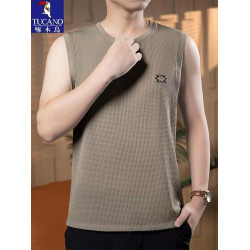 啄木鳥男士夏季新款背心冰絲休閒百搭運動健身坎肩無袖圓領上衣