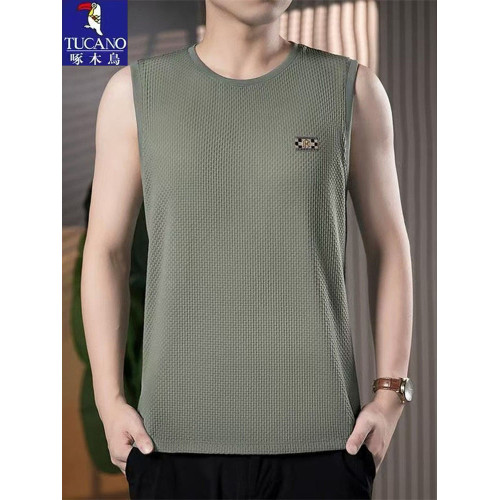 啄木鳥男士夏季新款背心冰絲休閒百搭運動健身坎肩無袖圓領上衣