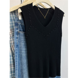 奧萊折釦店V領釘珠冰絲針織打底衫女夏季設計感重工吊帶背心