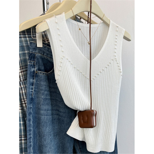 奧萊折釦店V領釘珠冰絲針織打底衫女夏季設計感重工吊帶背心