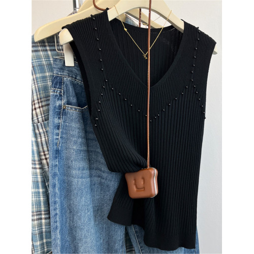 奧萊折釦店V領釘珠冰絲針織打底衫女夏季設計感重工吊帶背心