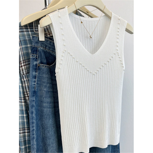 奧萊折釦店V領釘珠冰絲針織打底衫女夏季設計感重工吊帶背心