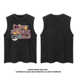 51嘻哈夏季設計感炫酷小貓坎肩背心男款美式小衆寬松情侶無袖T恤