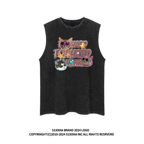 51嘻哈夏季設計感炫酷小貓坎肩背心男款美式小衆寬松情侶無袖T恤