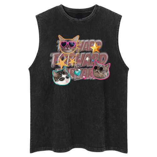 51嘻哈夏季設計感炫酷小貓坎肩背心男款美式小衆寬松情侶無袖T恤