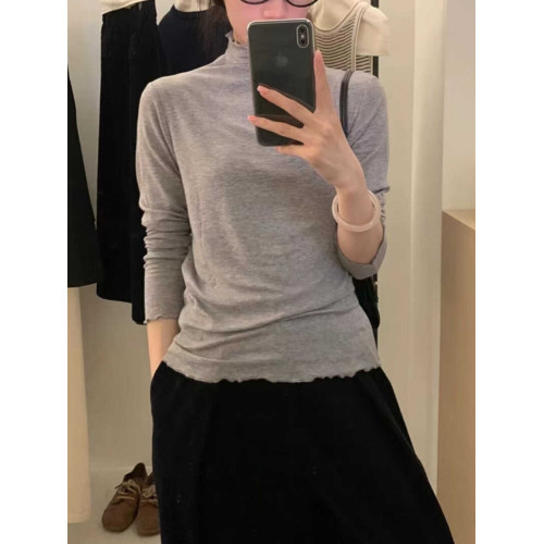 韓系木耳邊打底衫2025秋冬半高領薄款曡穿內搭天絲羊毛針織衫上衣