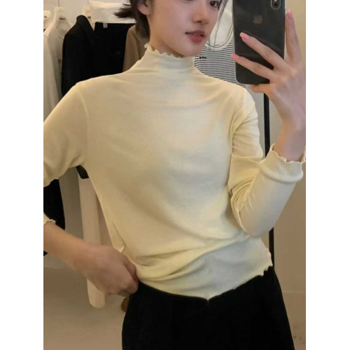 韓系木耳邊打底衫2025秋冬半高領薄款曡穿內搭天絲羊毛針織衫上衣