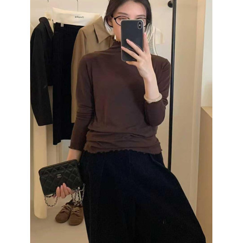 韓系木耳邊打底衫2025秋冬半高領薄款曡穿內搭天絲羊毛針織衫上衣