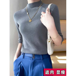 2025新款秋季半高領中袖針織衫女大碼寬松胖mm五分袖打底衫上衣